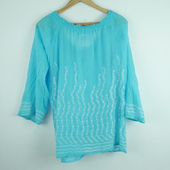 Gretchen Scott Large Top Cotton Gauze Embroidered Popover Sheer Blue Beachy - Picture 10 of 11